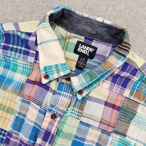 Land's End Short‎ Sleeve Button Shirt Men's LT Tall Madras Plaid Patchwork